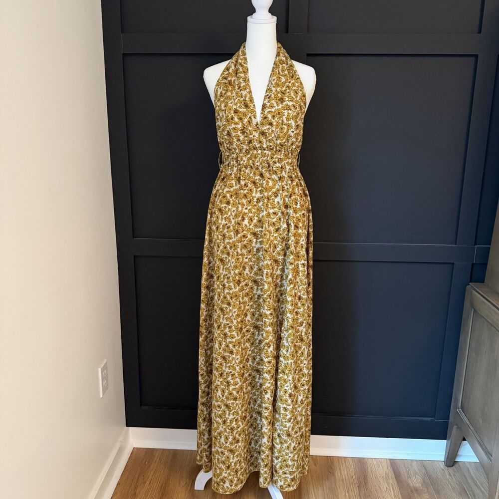 Lulus Floral Halter Neck Tie Back Maxi Dress Yellow Brown Sleeveless Size S